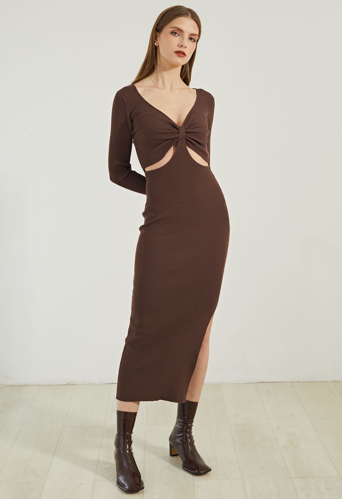 Front Cutout Split Hem Knit Dress in Brown