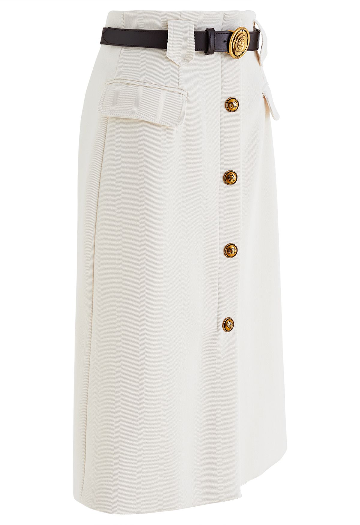 Vintage Button Flap Pocket Midi Skirt in White