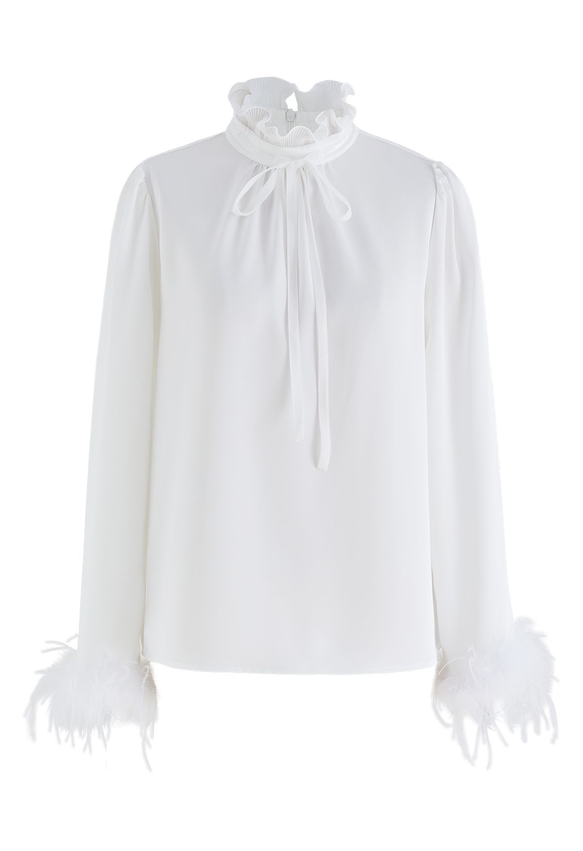 Ruffled Neckline Feathered Cuffs Satin Shirt in White