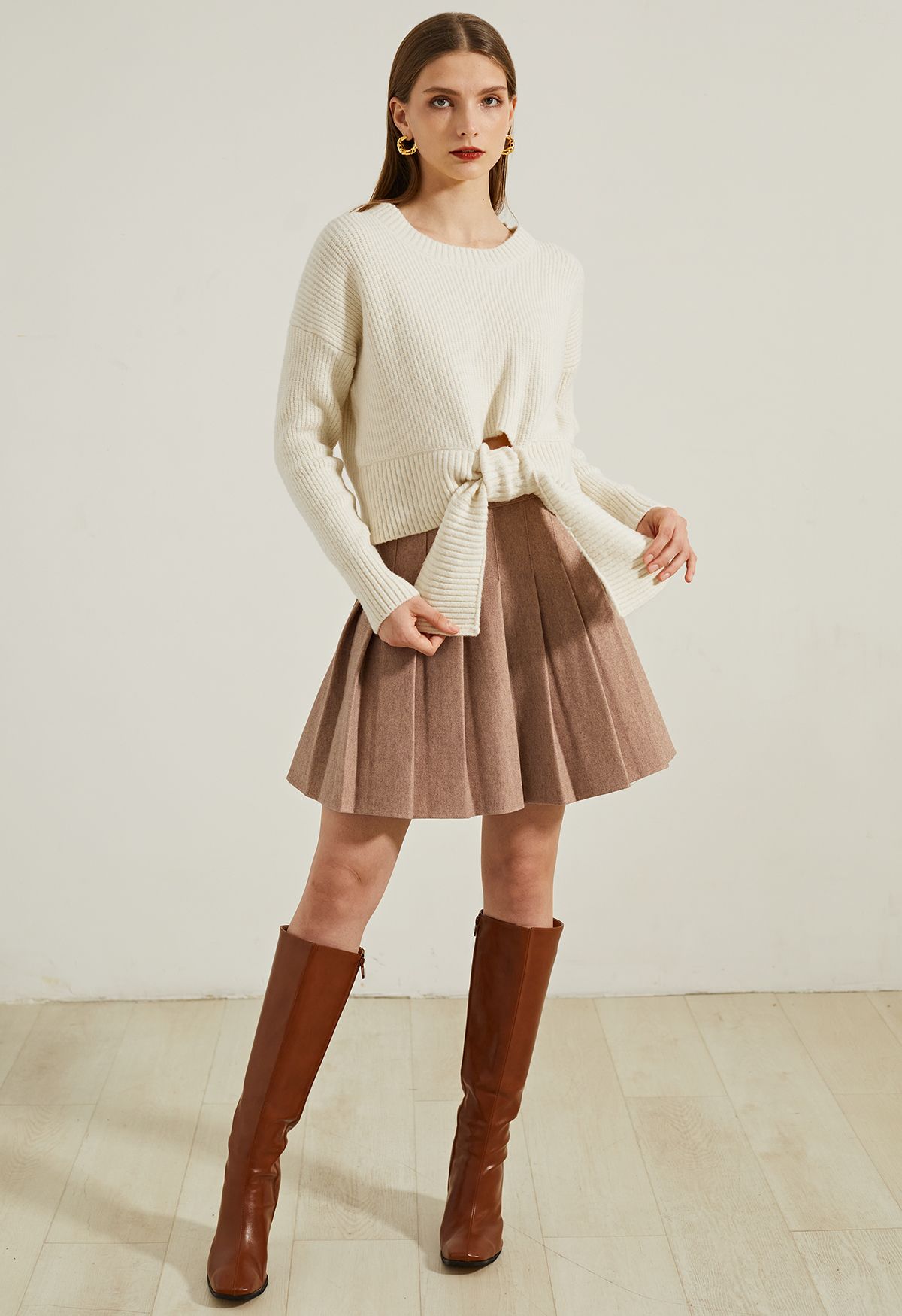 High Waist Wool-Blend Pleated Skater Skirt in Camel