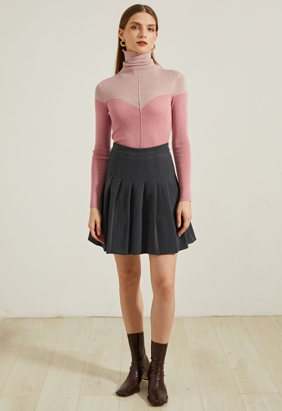 High Waist Wool-Blend Pleated Skater Skirt in Smoke