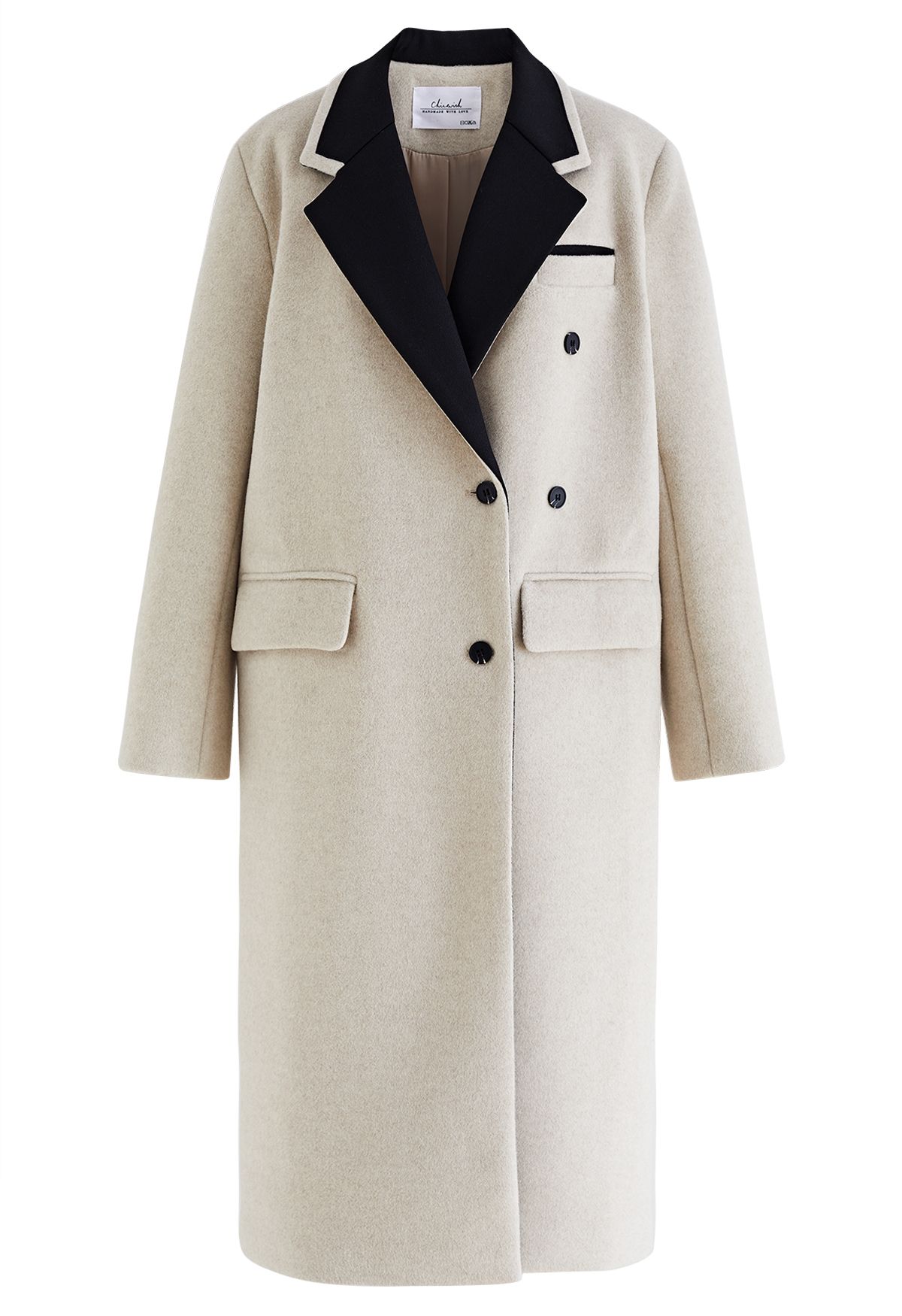 Contrast Collar Wool-Blend Longline Coat