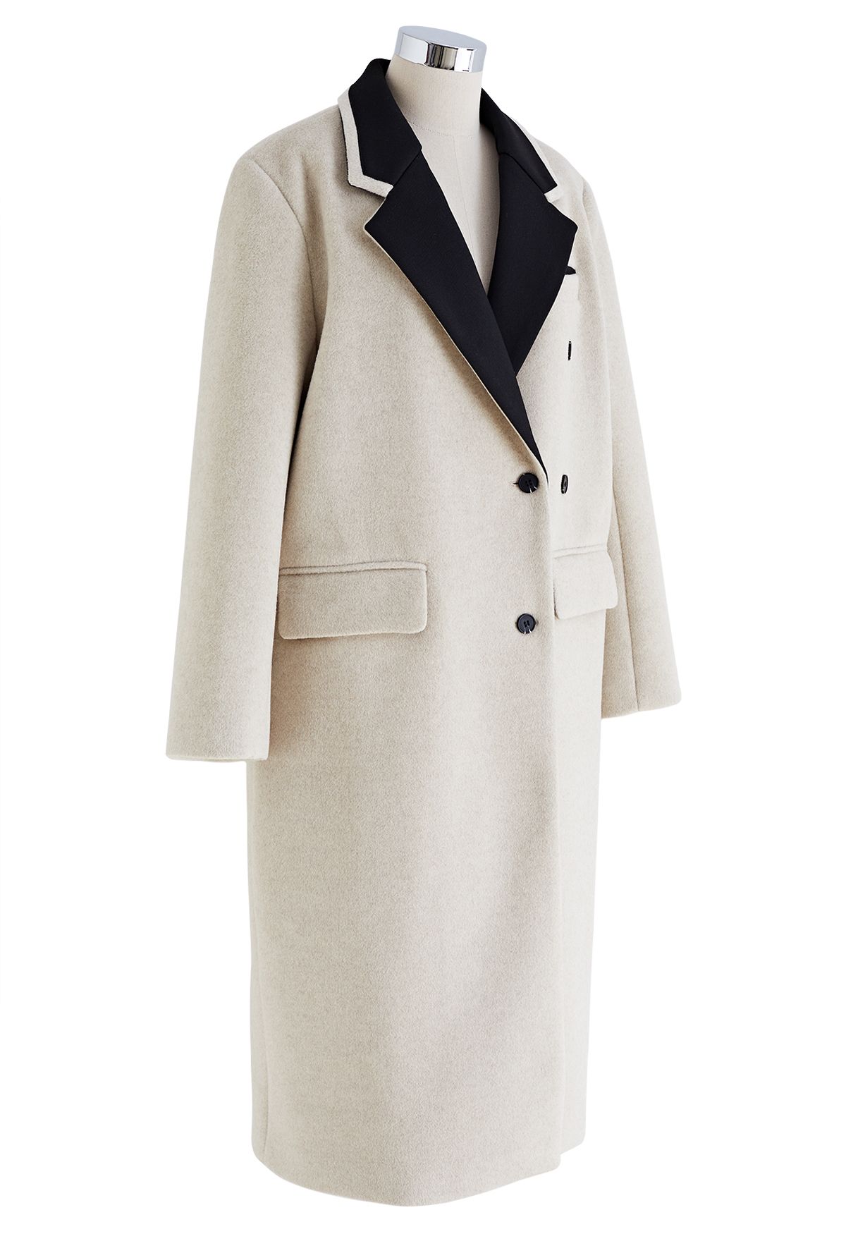 Contrast Collar Wool-Blend Longline Coat