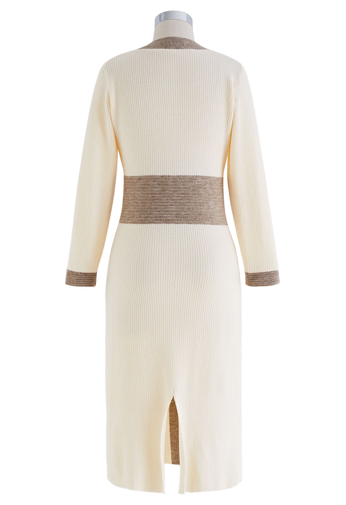 Contrast Color Buttoned Knit Midi Dress in Taupe