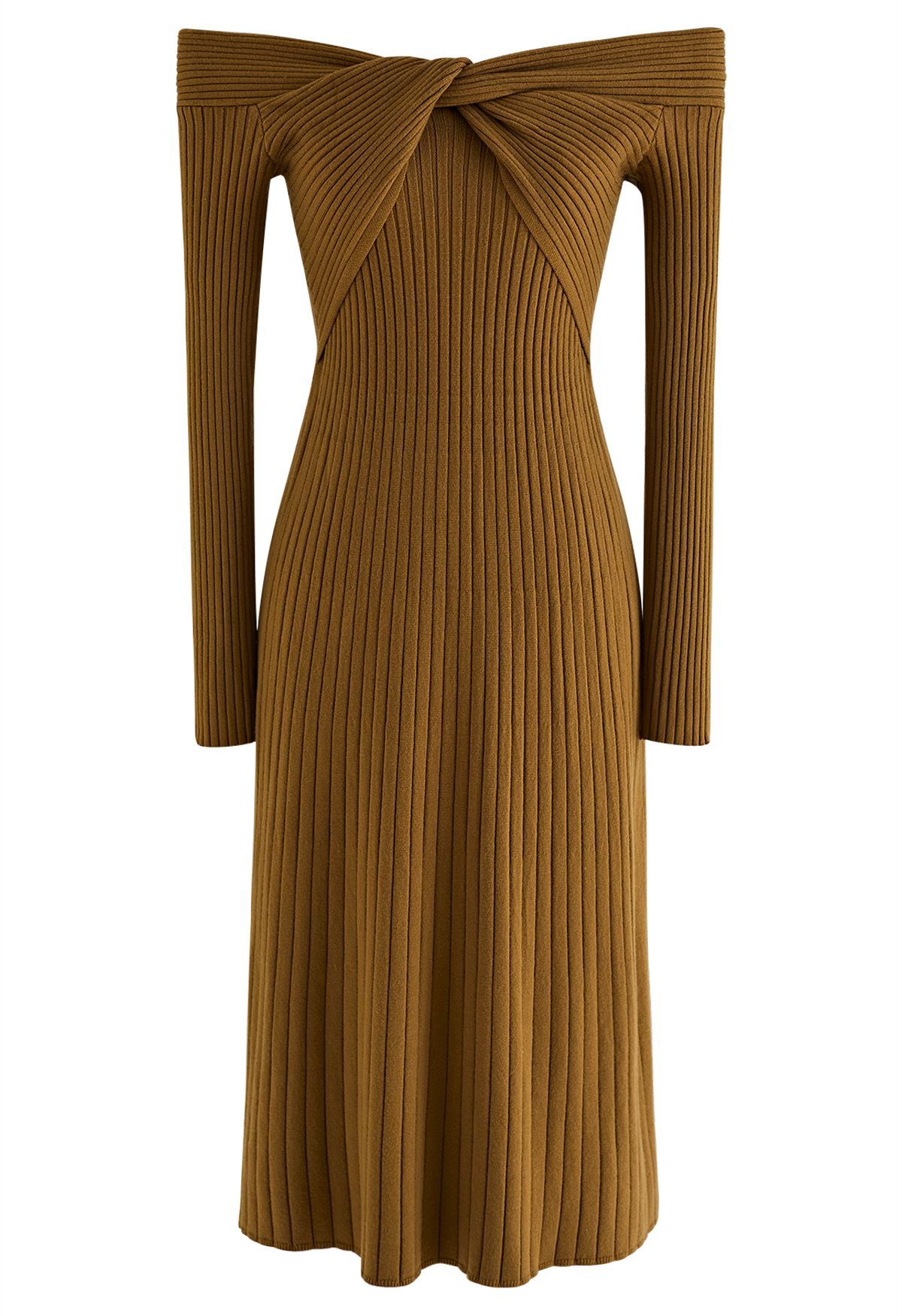 Twisted Off-Shoulder Ribbed Knit Dress in Mustard