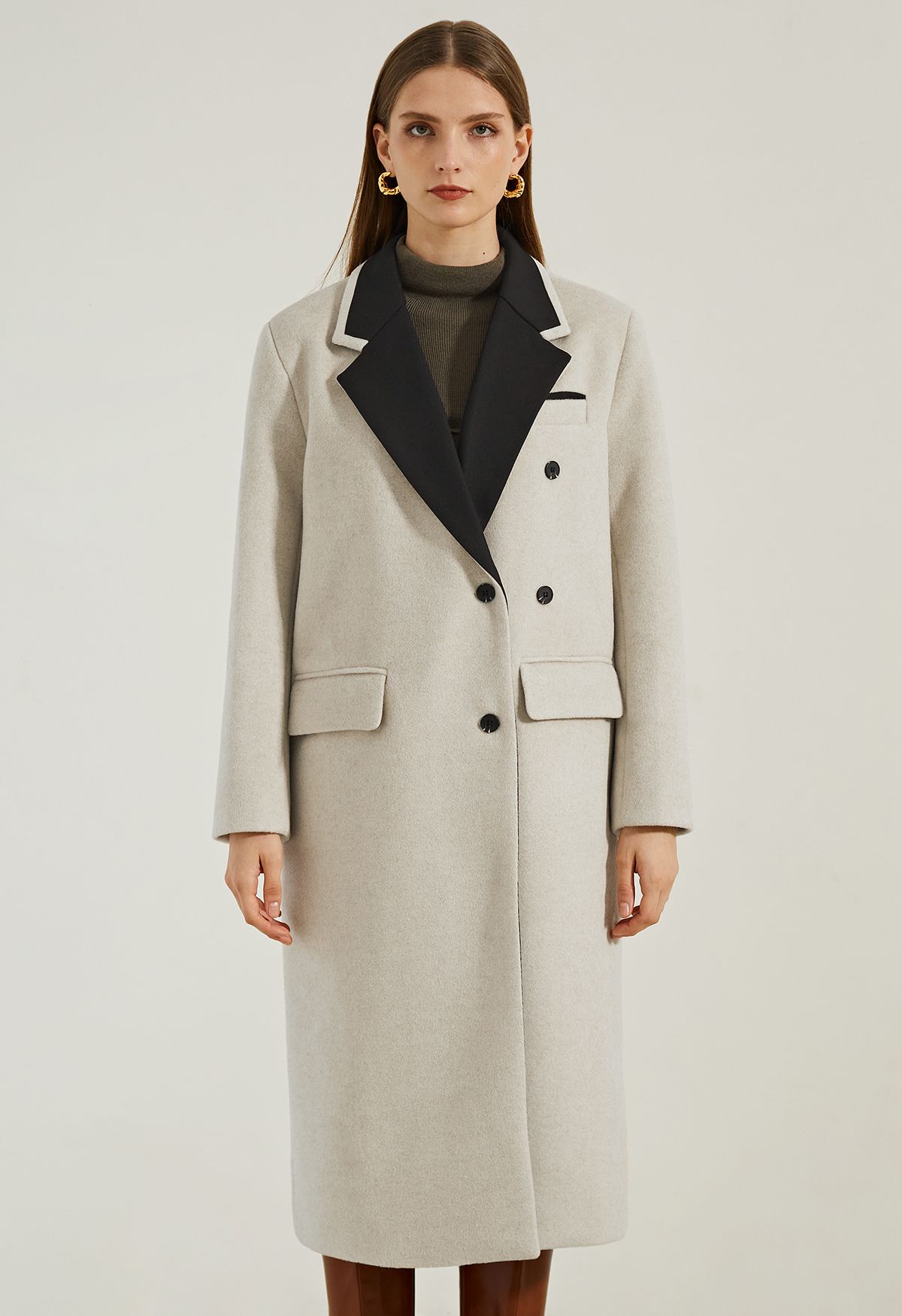 Contrast Collar Wool-Blend Longline Coat