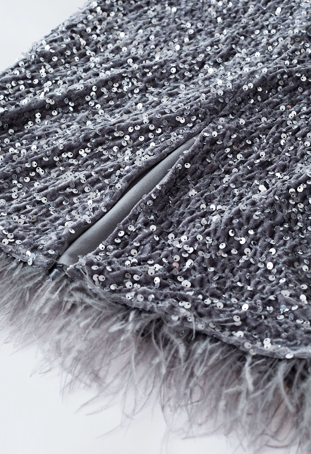 Velvet Sequined Feathered Hem Pencil Skirt in Grey