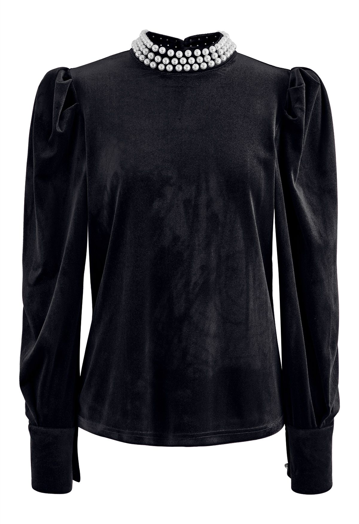 Pearl Trim Neckline Velvet Top in Black