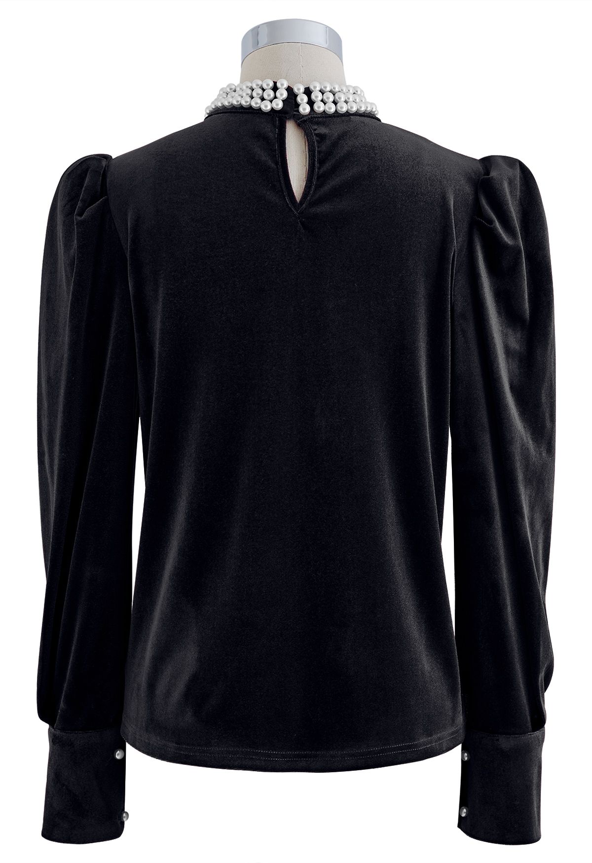 Pearl Trim Neckline Velvet Top in Black