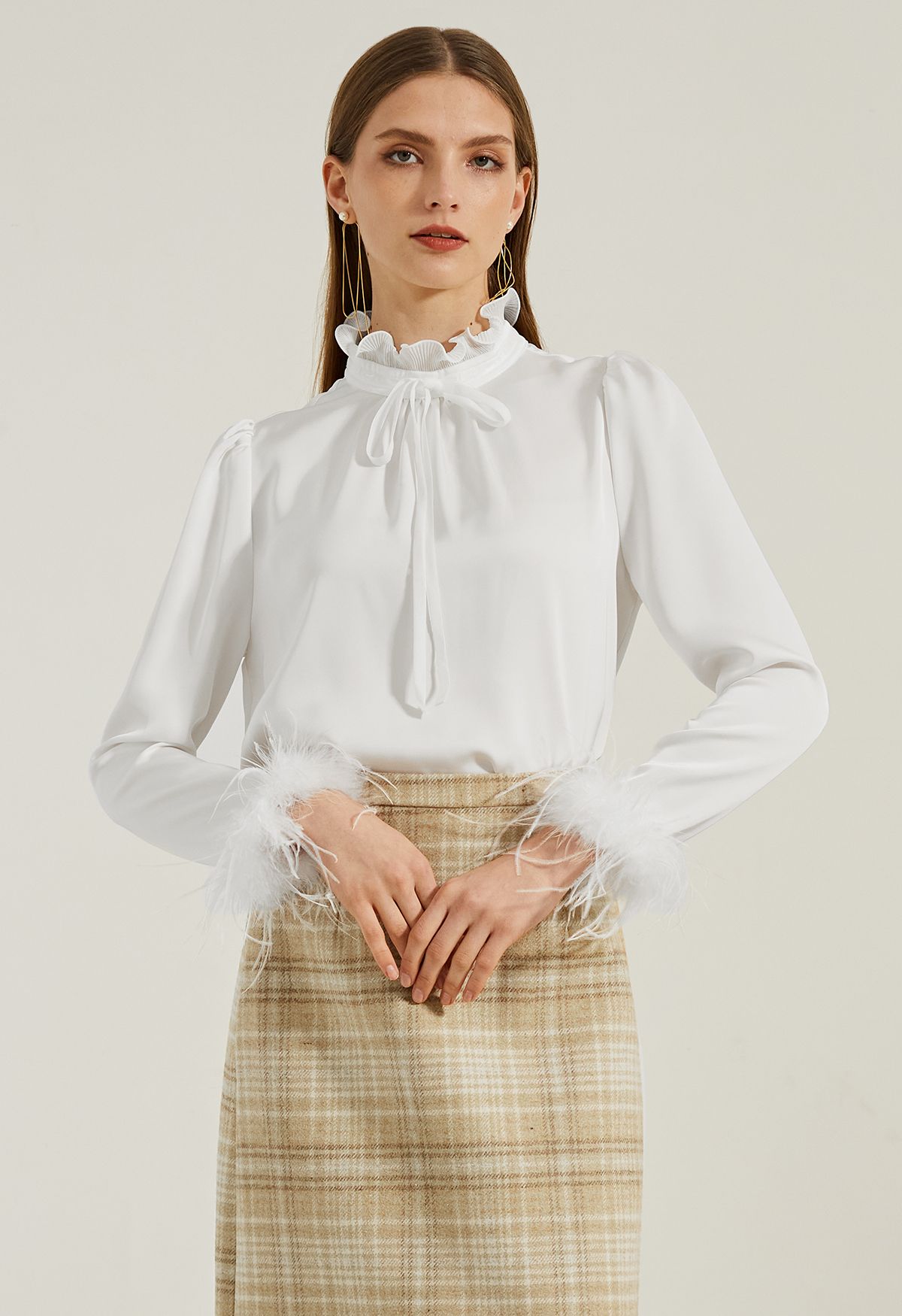 Ruffled Neckline Feathered Cuffs Satin Shirt in White