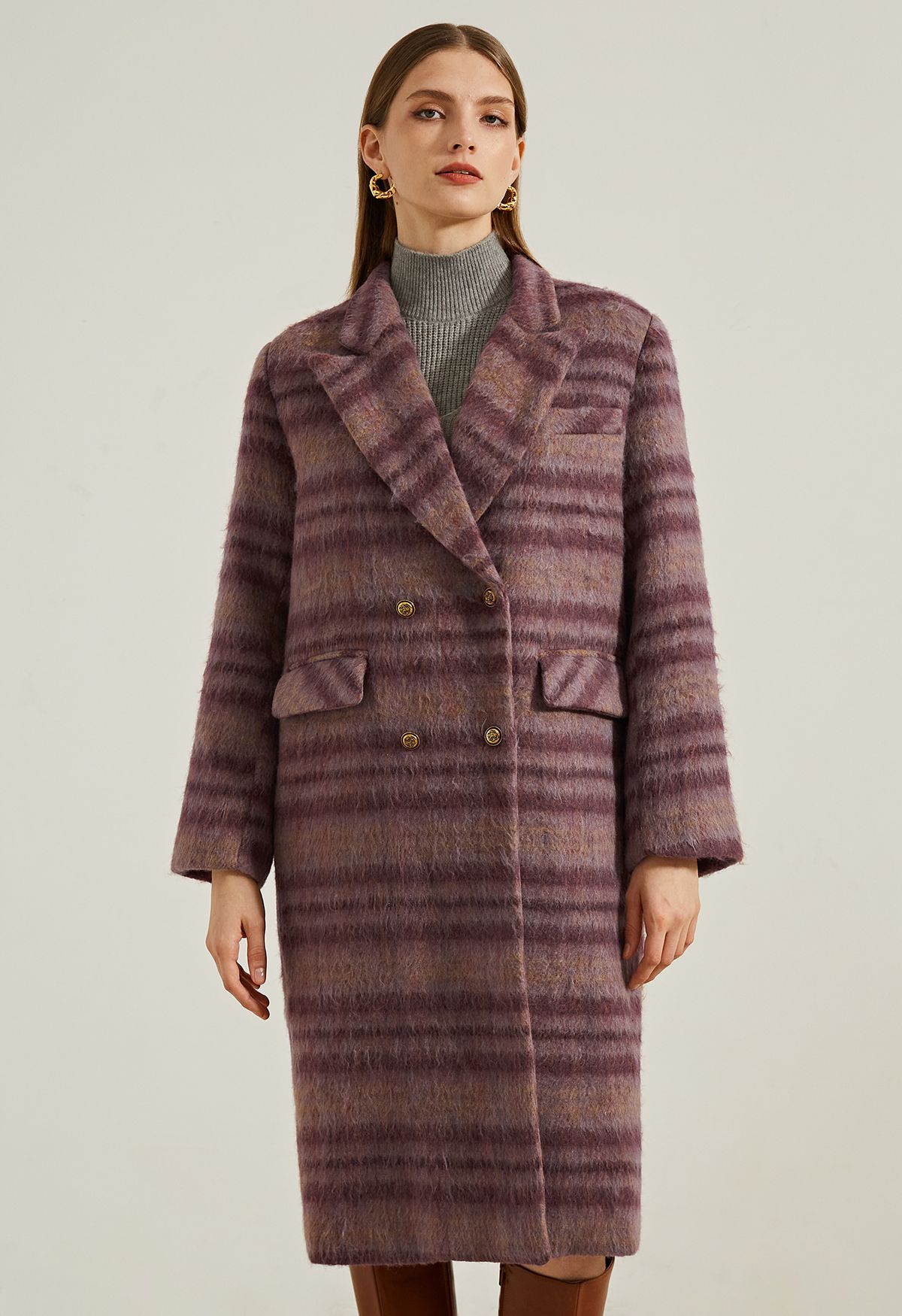 Plaid Peaked Lapel Wool-Blend Longline Coat in Berry
