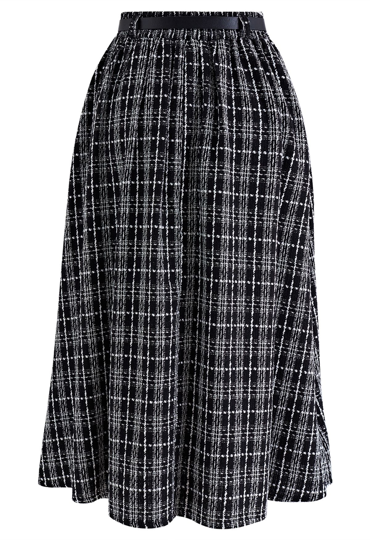 Grid Belted Flare Tweed Midi Skirt in Black