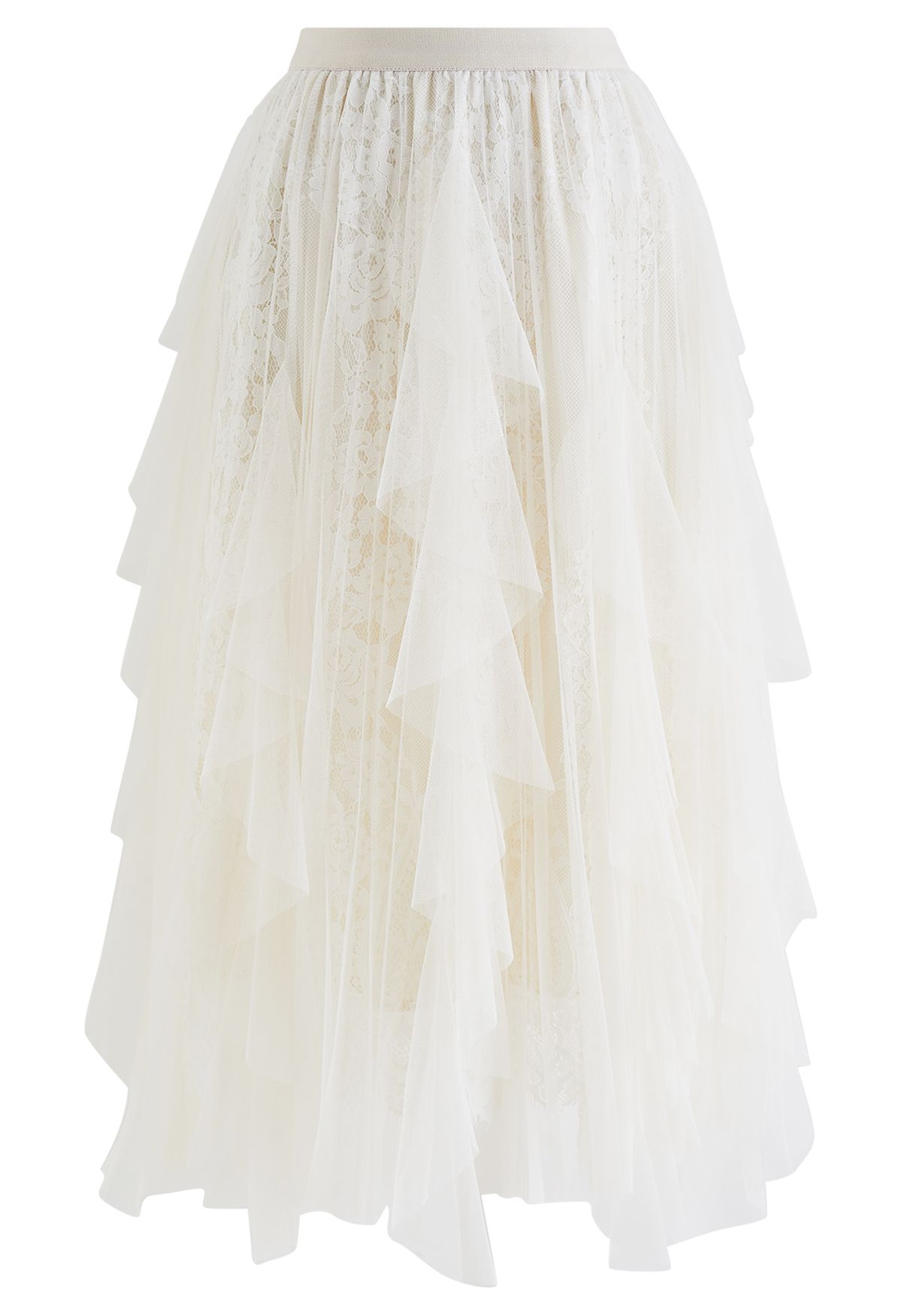 Floral Lace Ruffle Mesh Tulle Skirt in Ivory