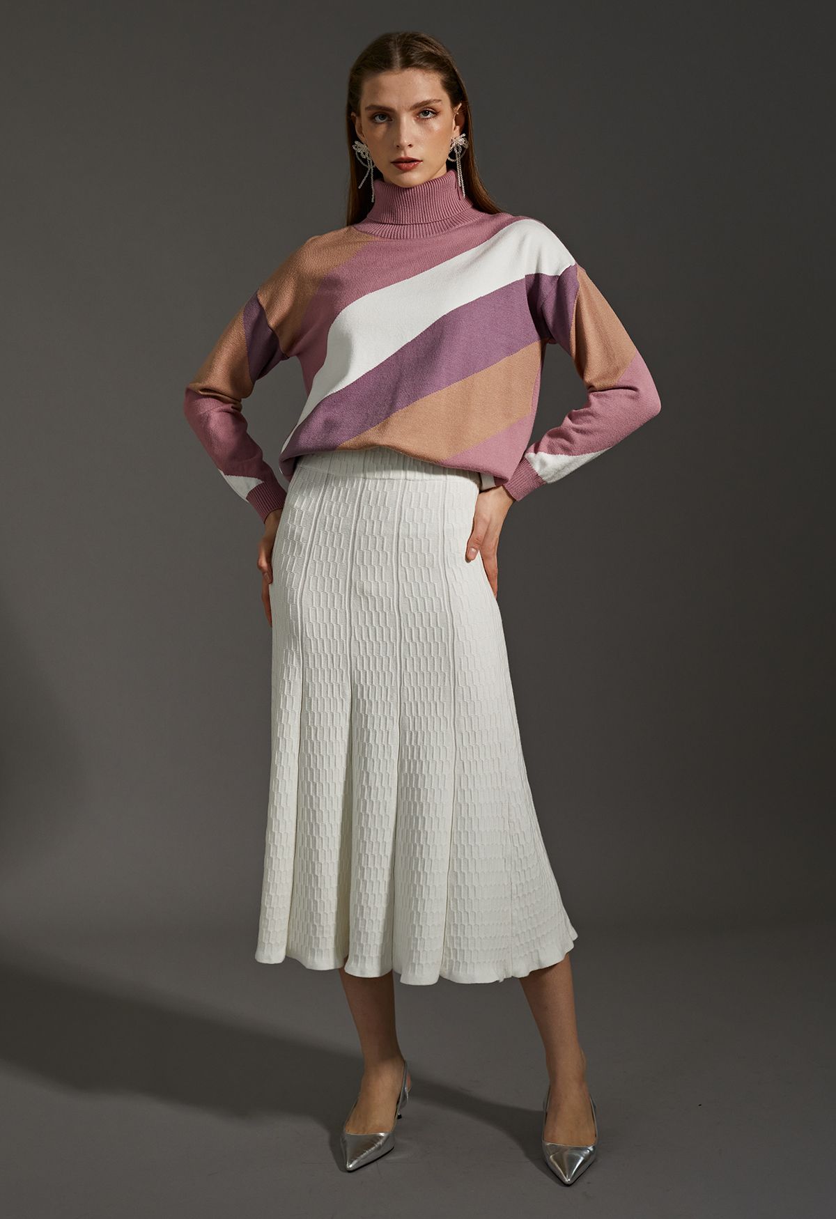 Striped Color Block Turtleneck Knit Sweater in Pink