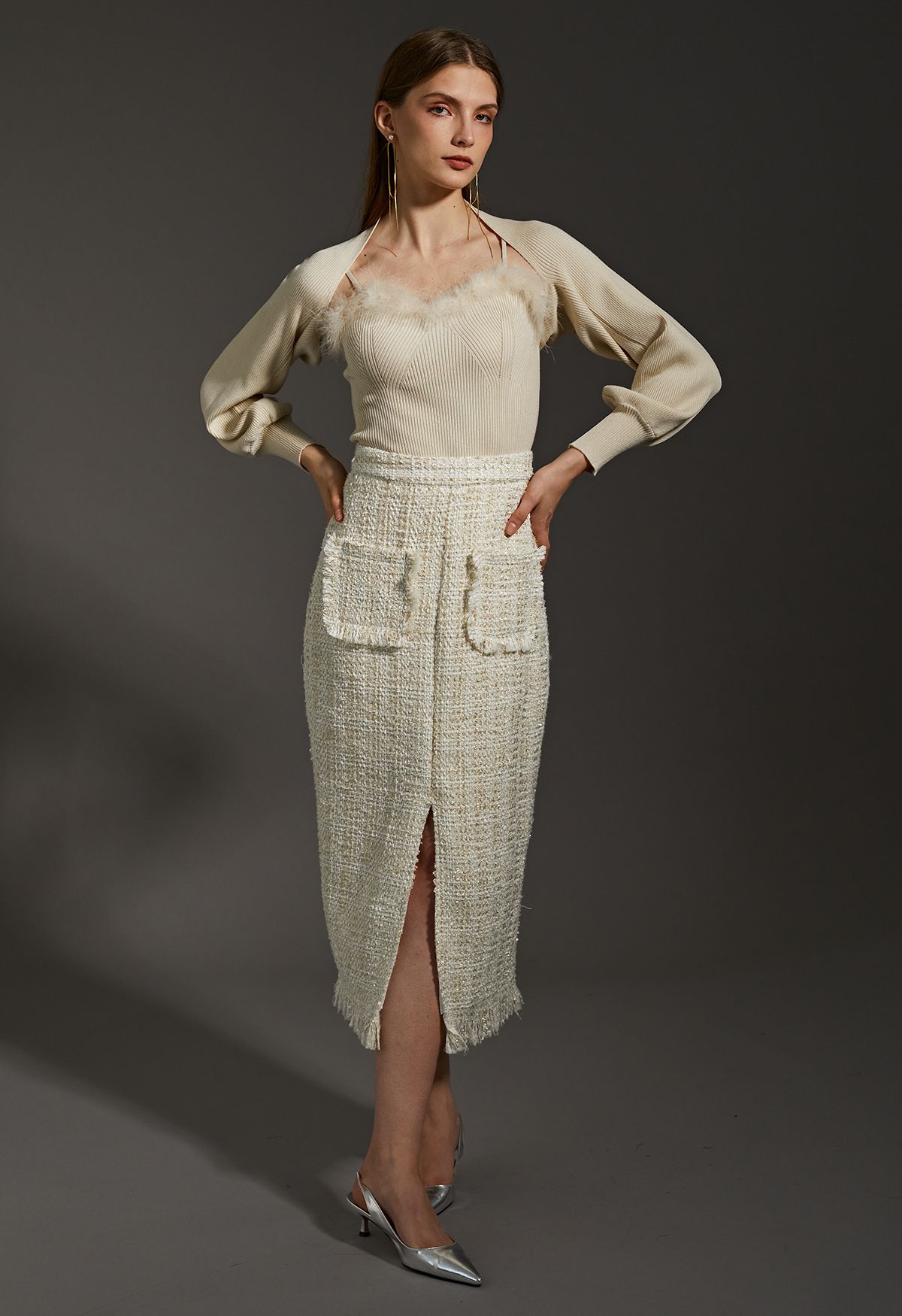 Shimmer Tweed Fringe Detail Split Pencil Skirt
