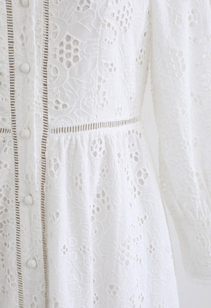 Solid White Embroidery Eyelet Midi Dress