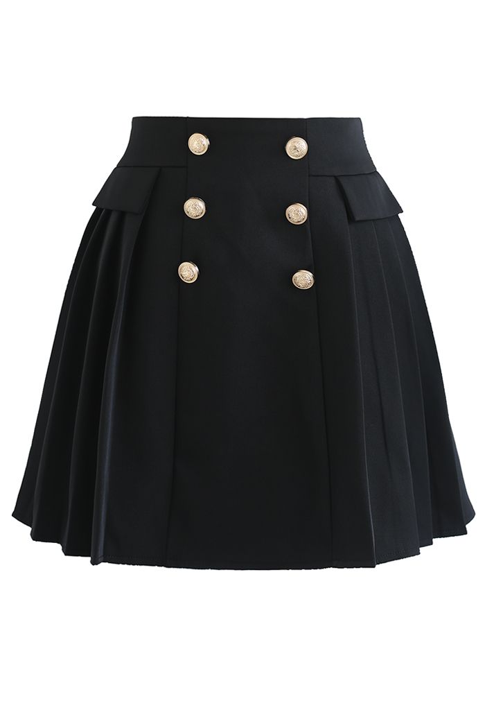 Subtle Golden Button Pleated Mini Skirt in Black