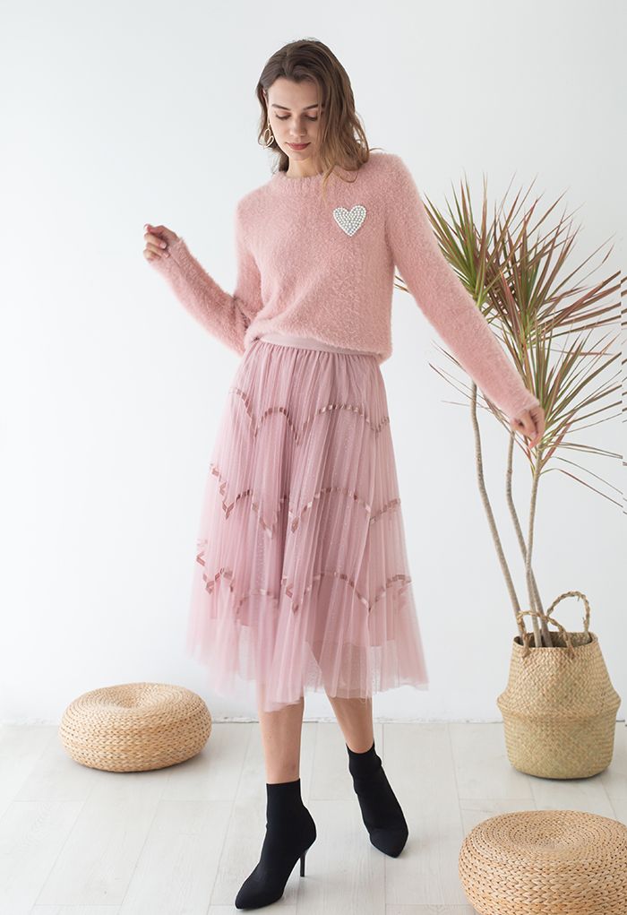 Scalloped Ribbon Shimmer Dot Mesh Skirt in Pink