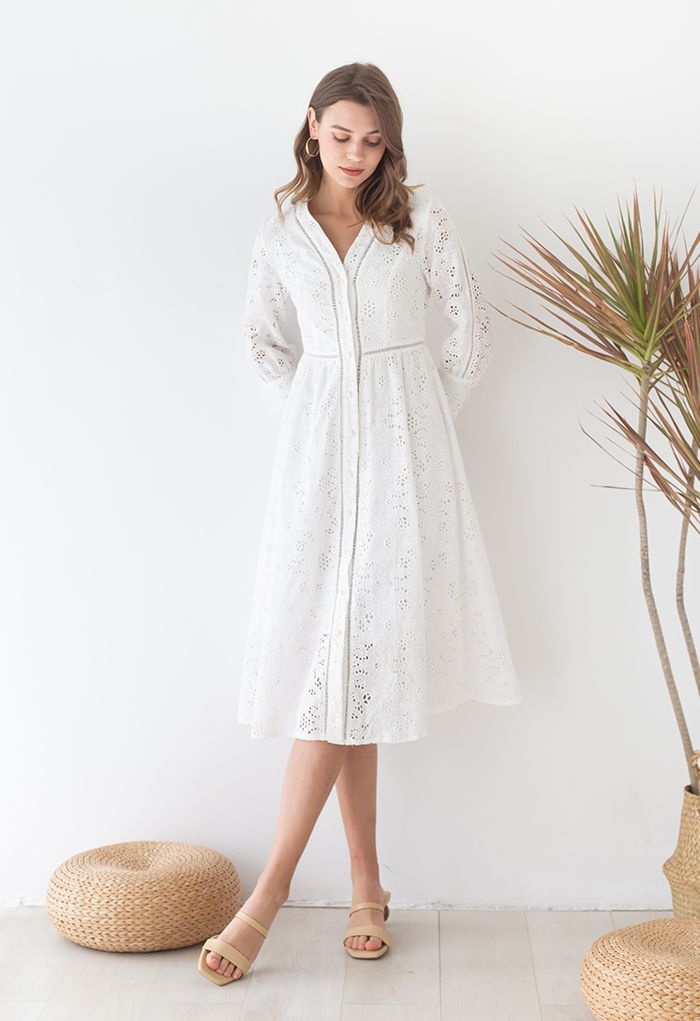 Solid White Embroidery Eyelet Midi Dress