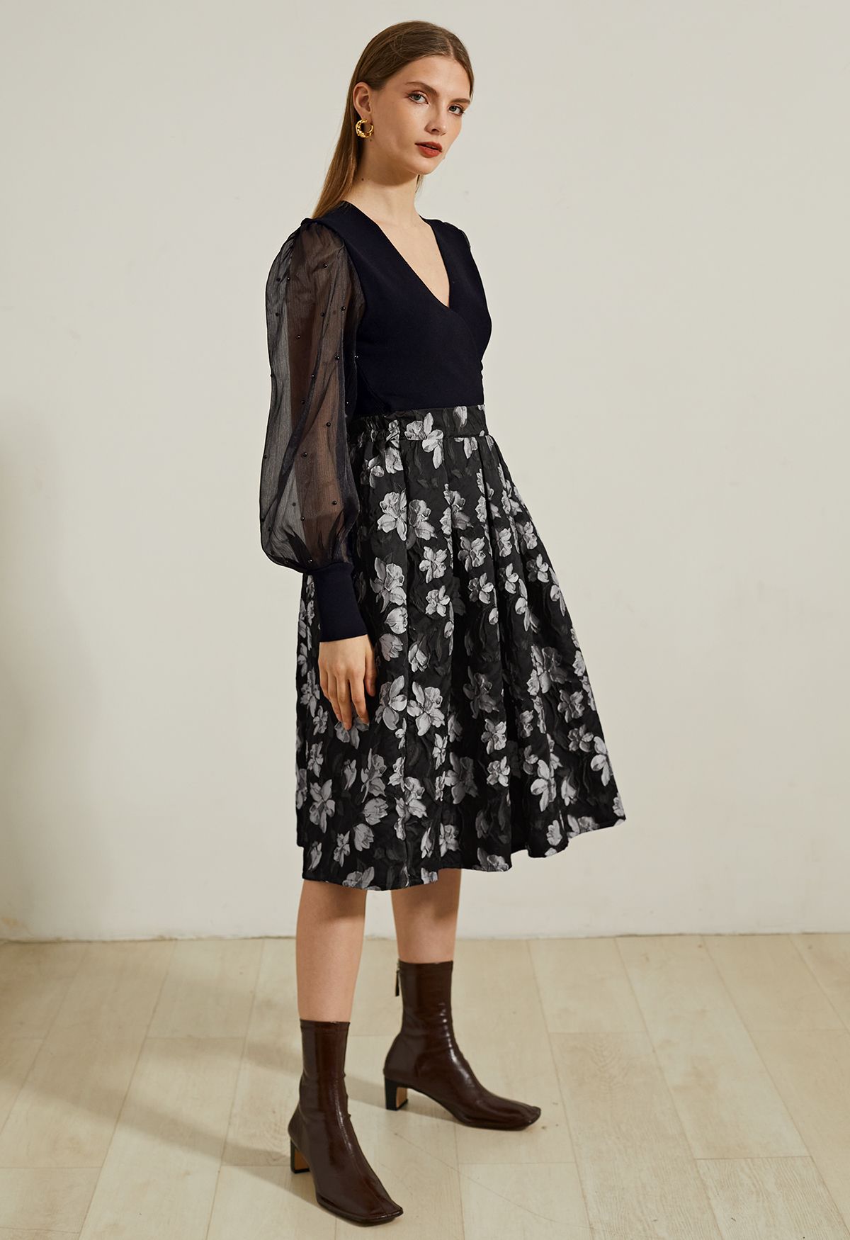 Silver Blossom Embossed Pleated Flare Skirt
