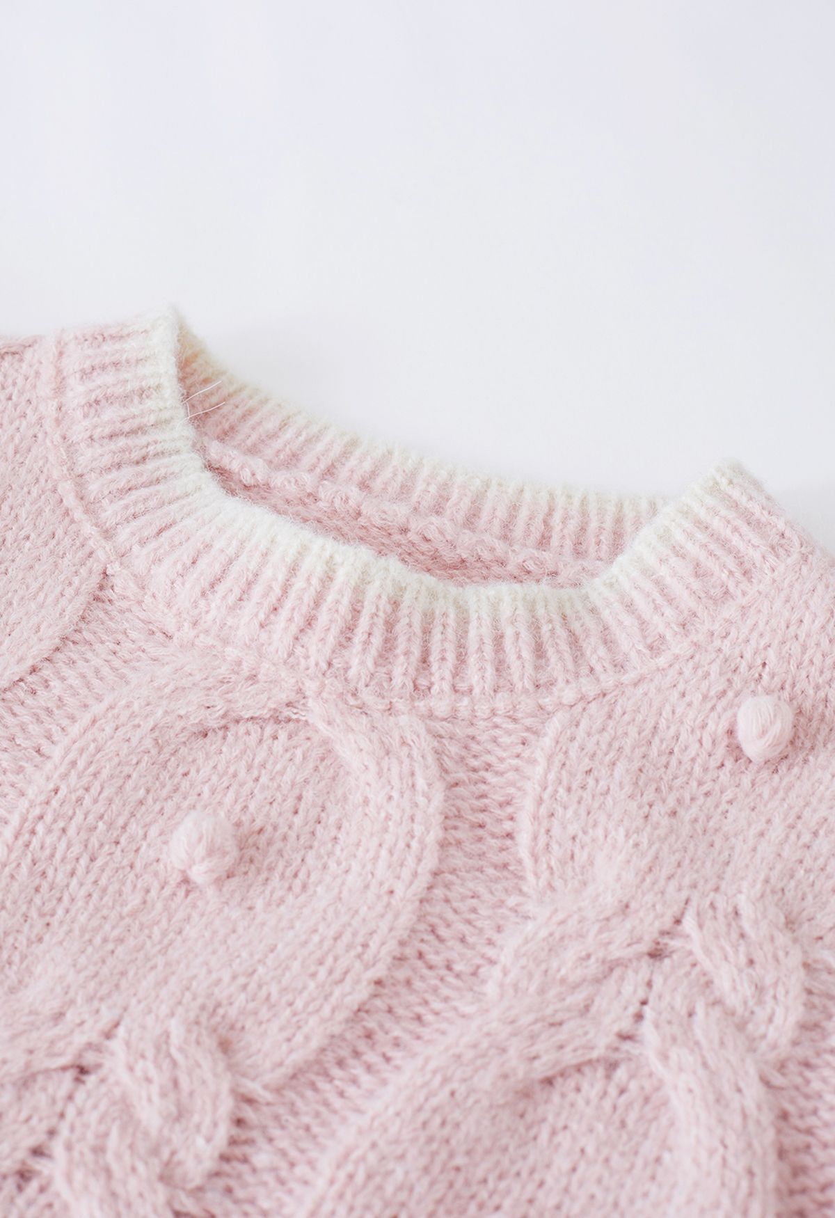 Contrast Edge Pom-Pom Cable Knit Sweater in Pink