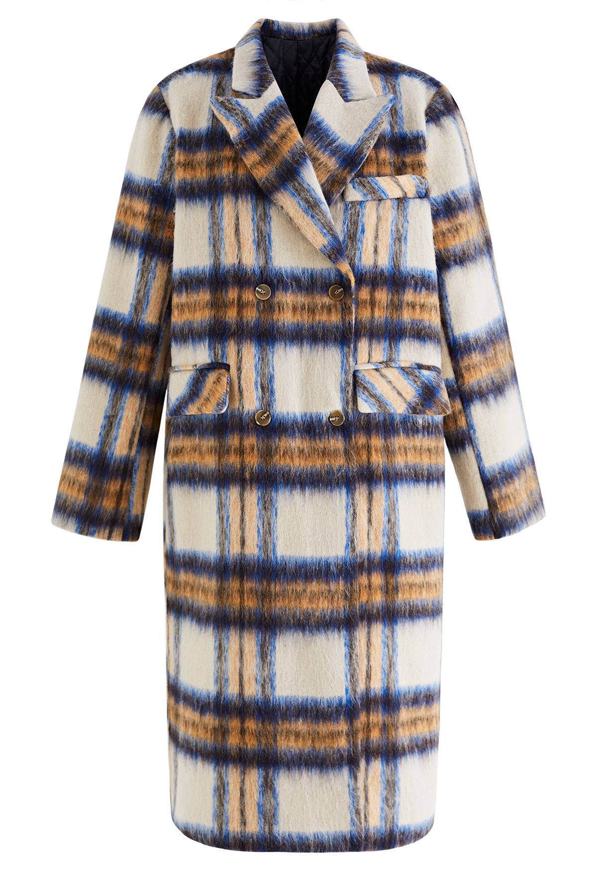 Plaid Peaked Lapel Wool-Blend Longline Coat in Blue - Retro, Indie and ...