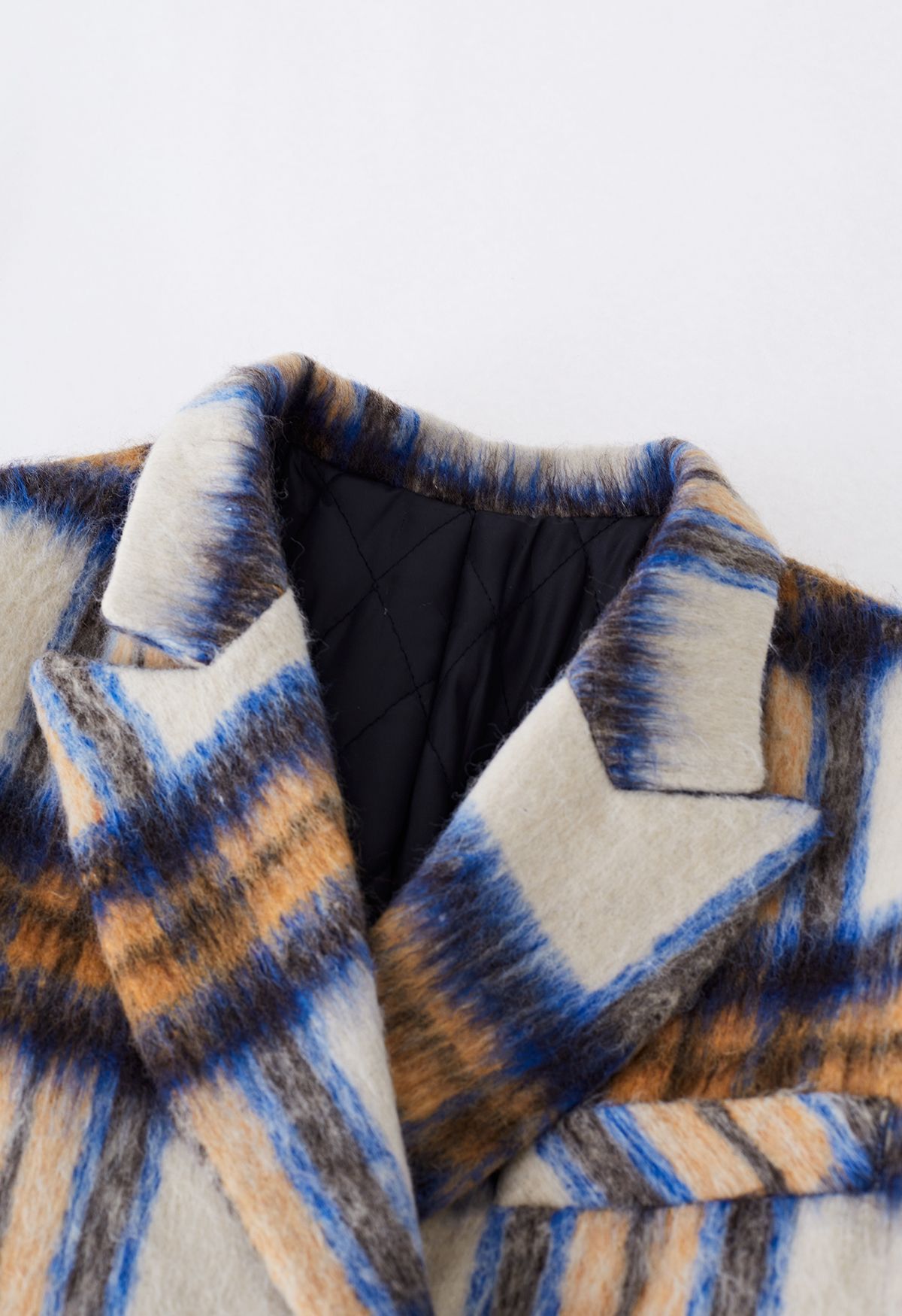 Plaid Peaked Lapel Wool-Blend Longline Coat in Blue