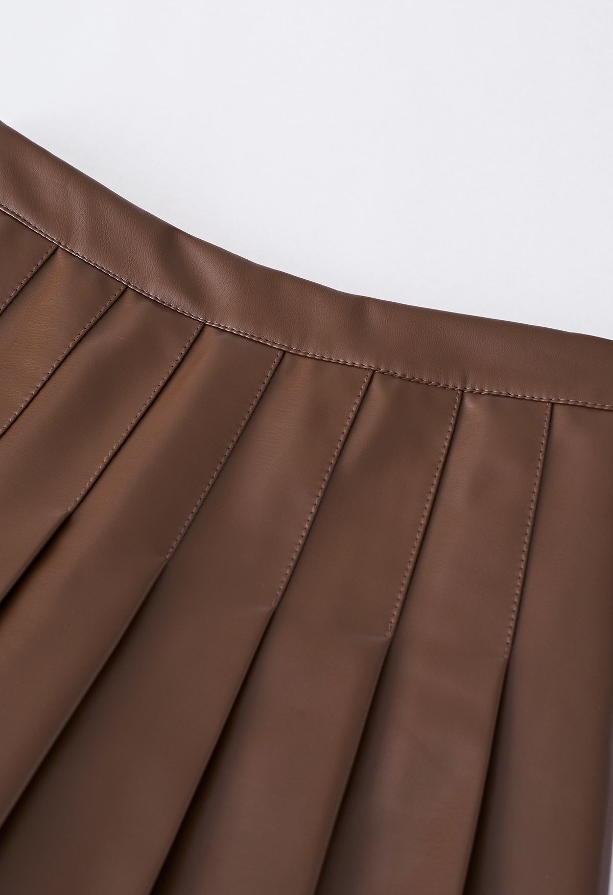 Faux Leather Pleated Flare Mini Skirt in Brown