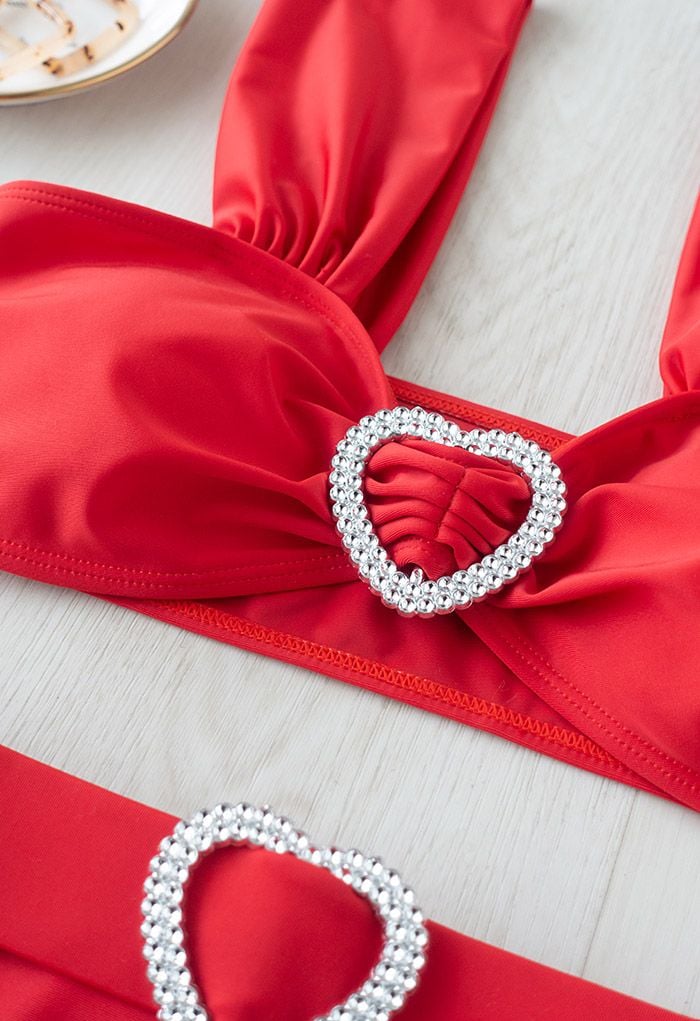 Crystal Heart Strappy Bikini Set in Red