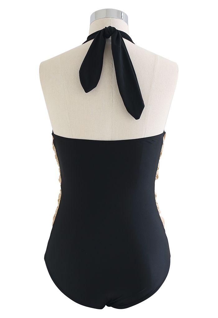 Two-Tone Self-Tie Bowknot Halter Swimsuit in Black