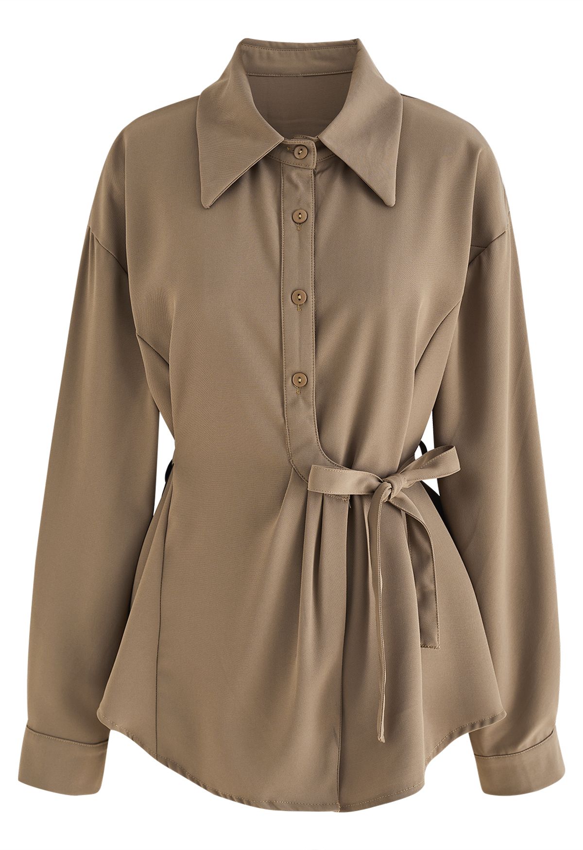 Brown Pointed Collar Tie-Waist Shirt