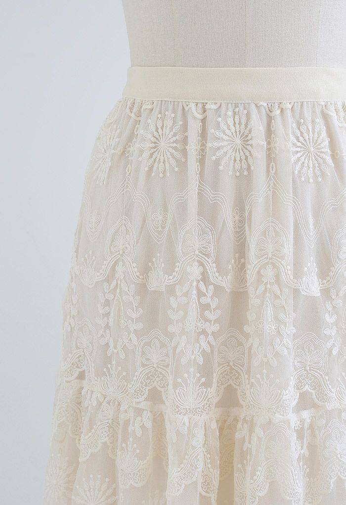 Mysterious Flower Embroidered Mesh Midi Skirt in Cream - Retro, Indie ...