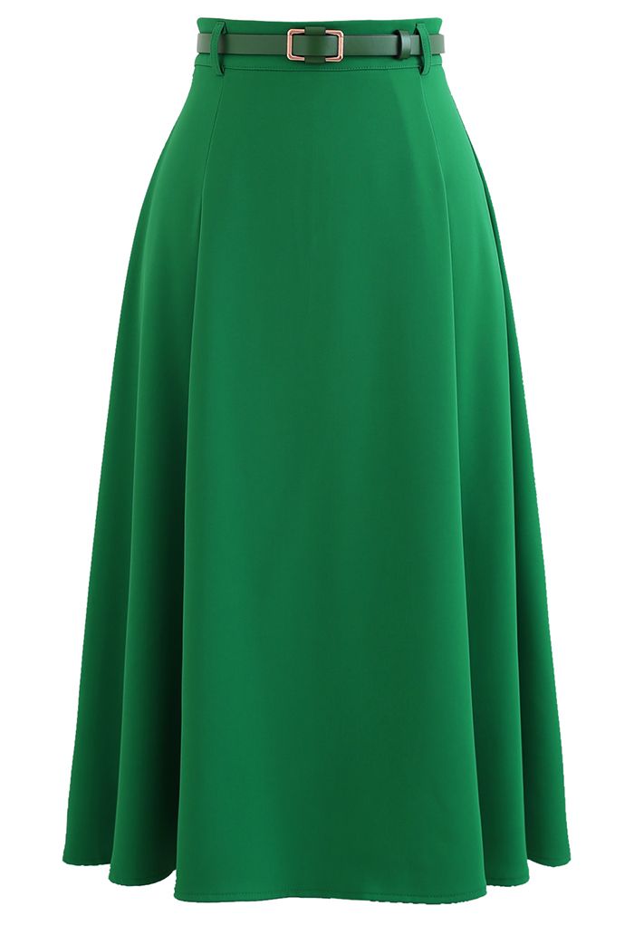 High Waist Belted Flare Midi Skirt In Green Retro Indie And Unique