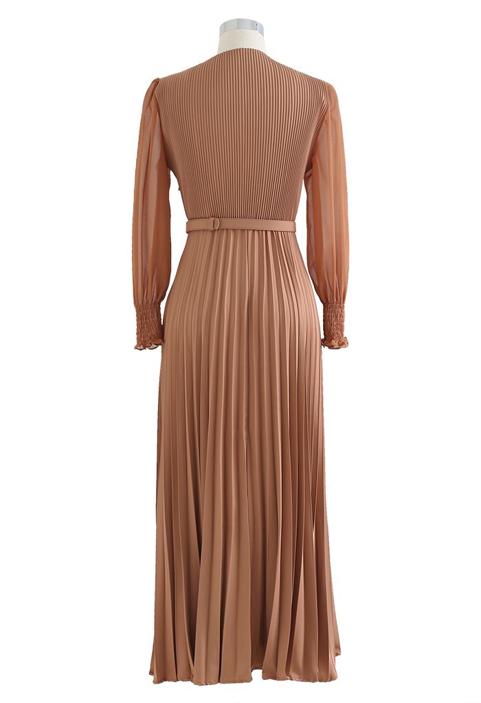 Full Pleated Belted Maxi Dress in Tan