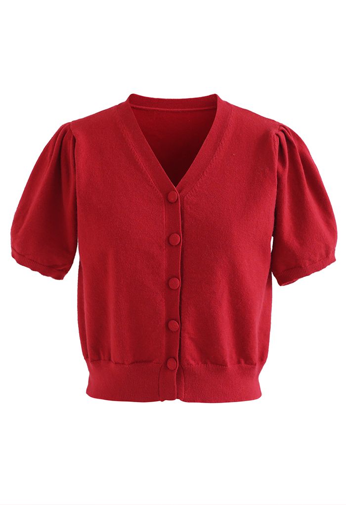V-Neck Short-Sleeve Crop Knit Top in Red