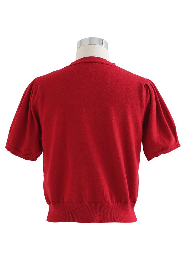 V-Neck Short-Sleeve Crop Knit Top in Red