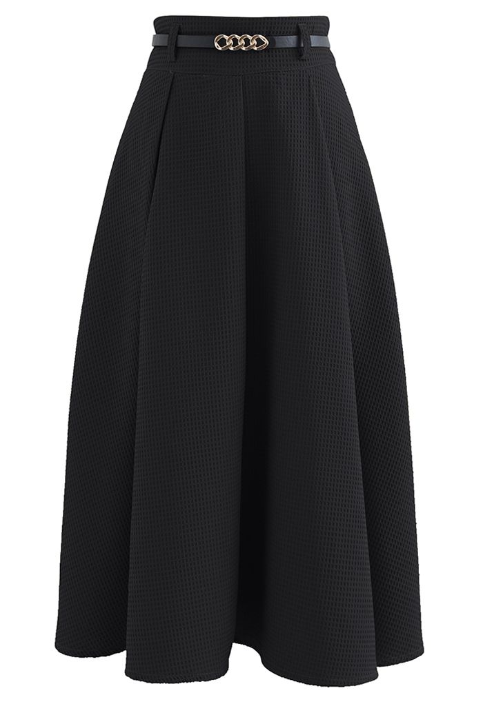 Honeycomb Embossed A-Line Skirt in Black