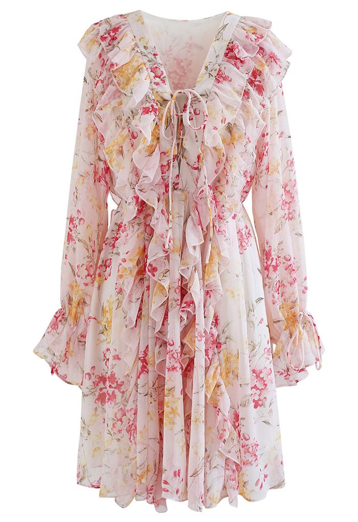 Lace-Up Floral Watercolor Ruffle Mini Dress - Retro, Indie and Unique ...