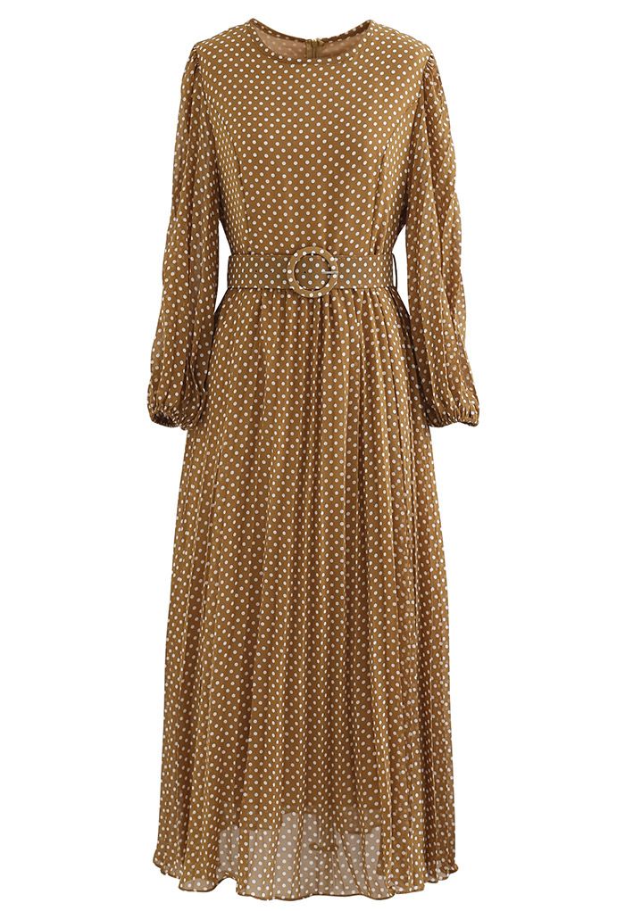 Polka Dots Belted Chiffon Maxi Dress in Caramel