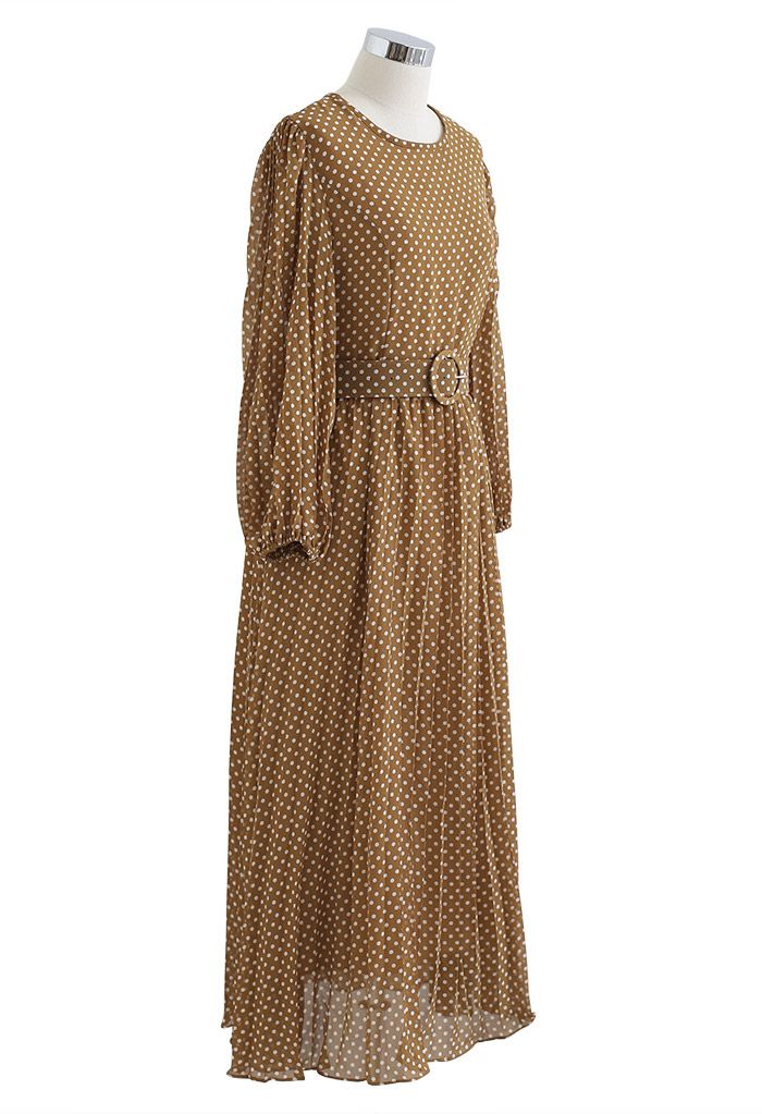 Polka Dots Belted Chiffon Maxi Dress in Caramel