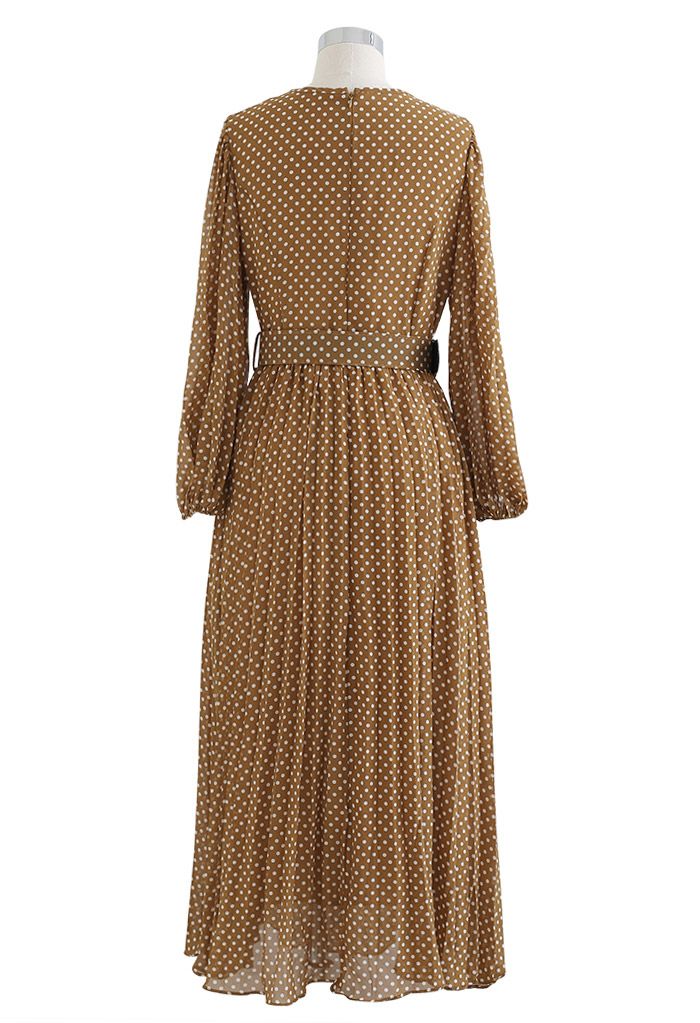 Polka Dots Belted Chiffon Maxi Dress in Caramel