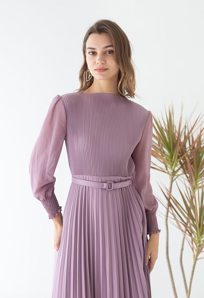 Full Pleated Belted Maxi Dress in Lilac