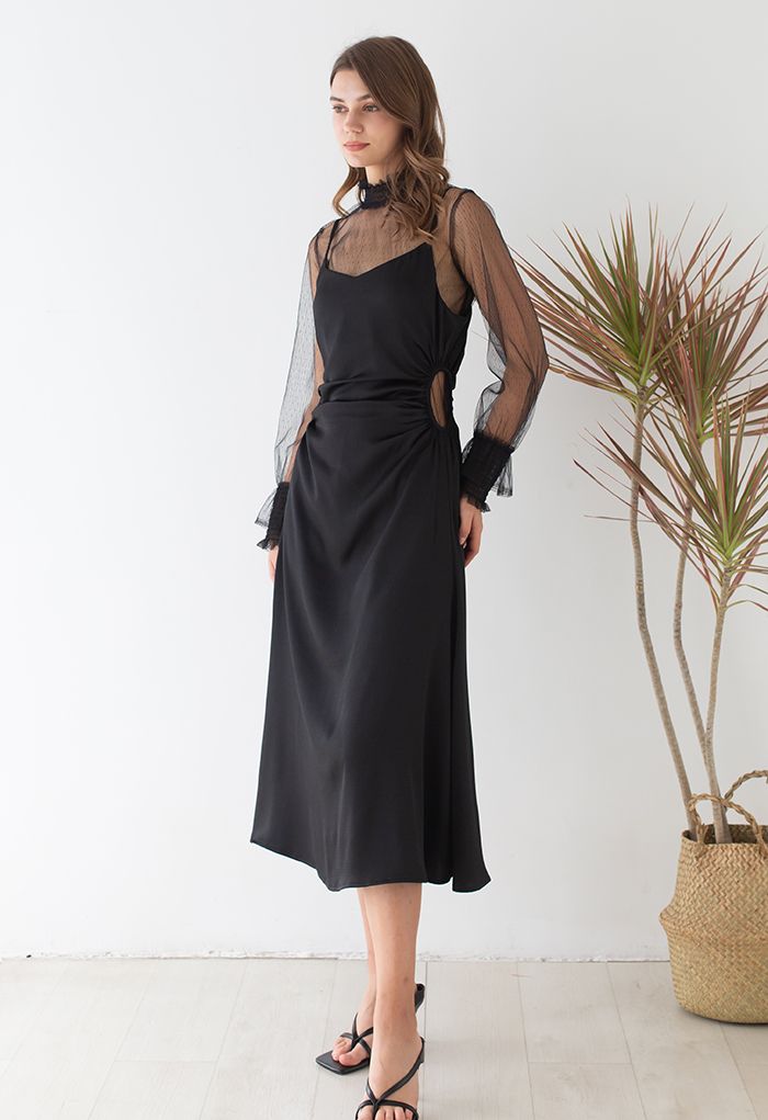 Cutout Waist Textured Cami Dress in Black