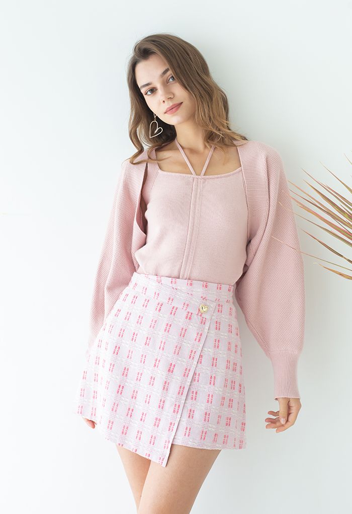 Knitted Halter Cami Top and Sweater Sleeve Set in Pink
