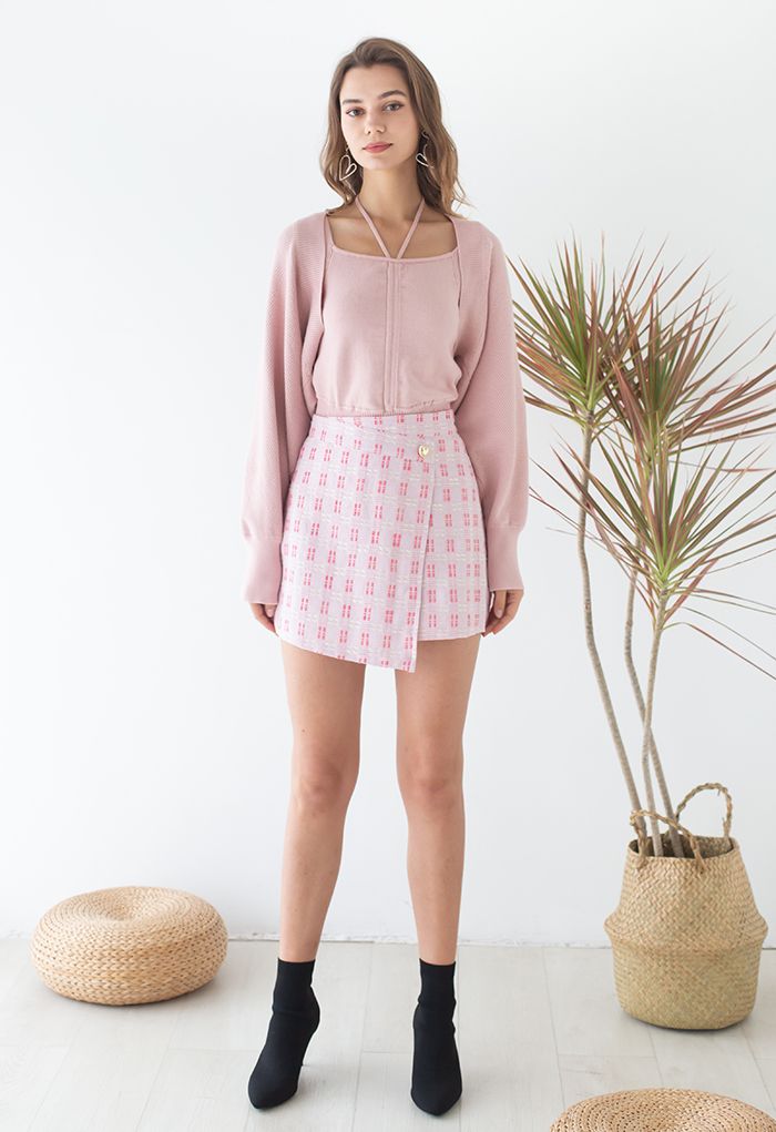 Knitted Halter Cami Top and Sweater Sleeve Set in Pink