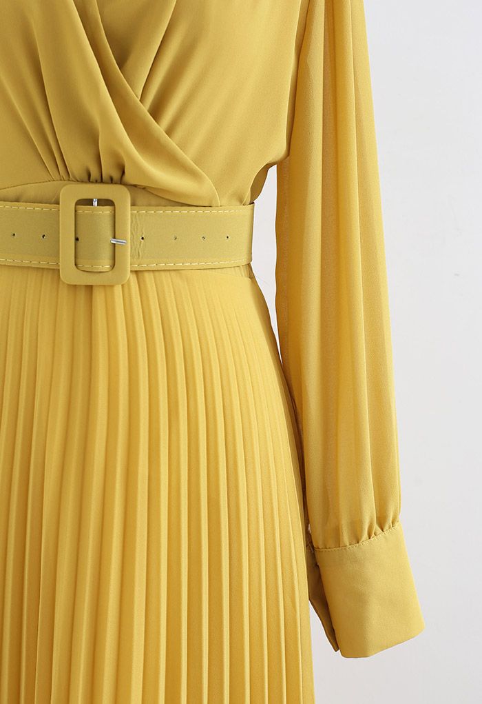 Flowy Chiffon Wrap Pleated Maxi Dress in Yellow