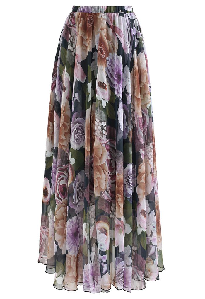Hydrangea Watercolor Maxi Skirt in Lilac - Retro, Indie and Unique Fashion