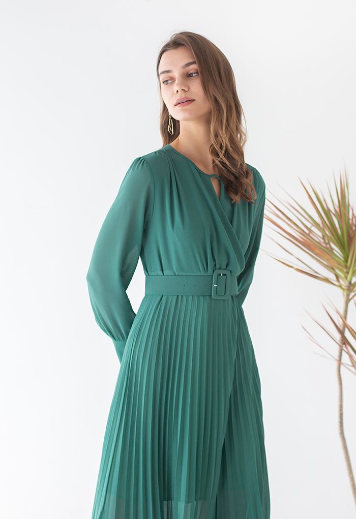 Flowy Chiffon Wrap Pleated Maxi Dress in Green - Retro, Indie and ...