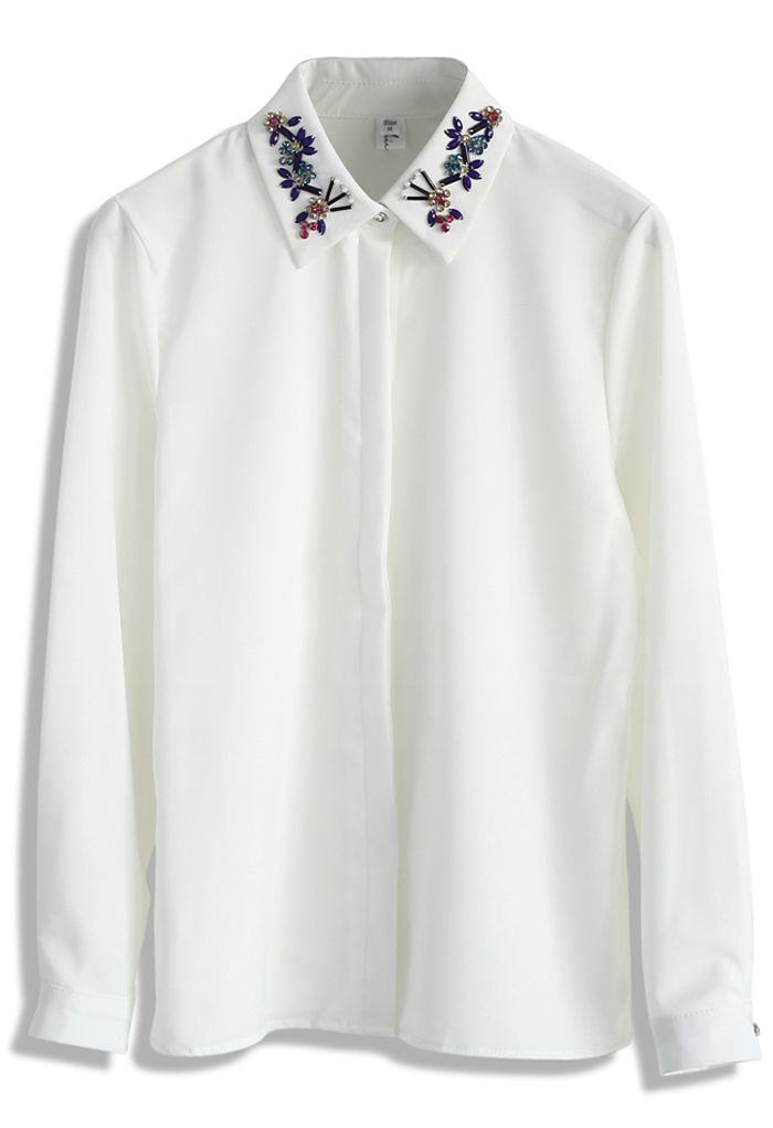 Beads Embellished Collar White Shirt