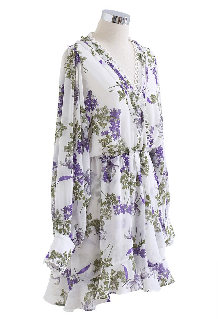 Fresh Lavender Print Asymmetric Chiffon Mini Dress